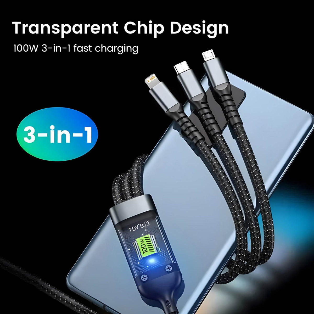 3-in-1 Fast Charging Cable 100W (5A) – Type-C, Micro USB & Lightning Multi Cable | Strong, Durable & High-Speed Sync
